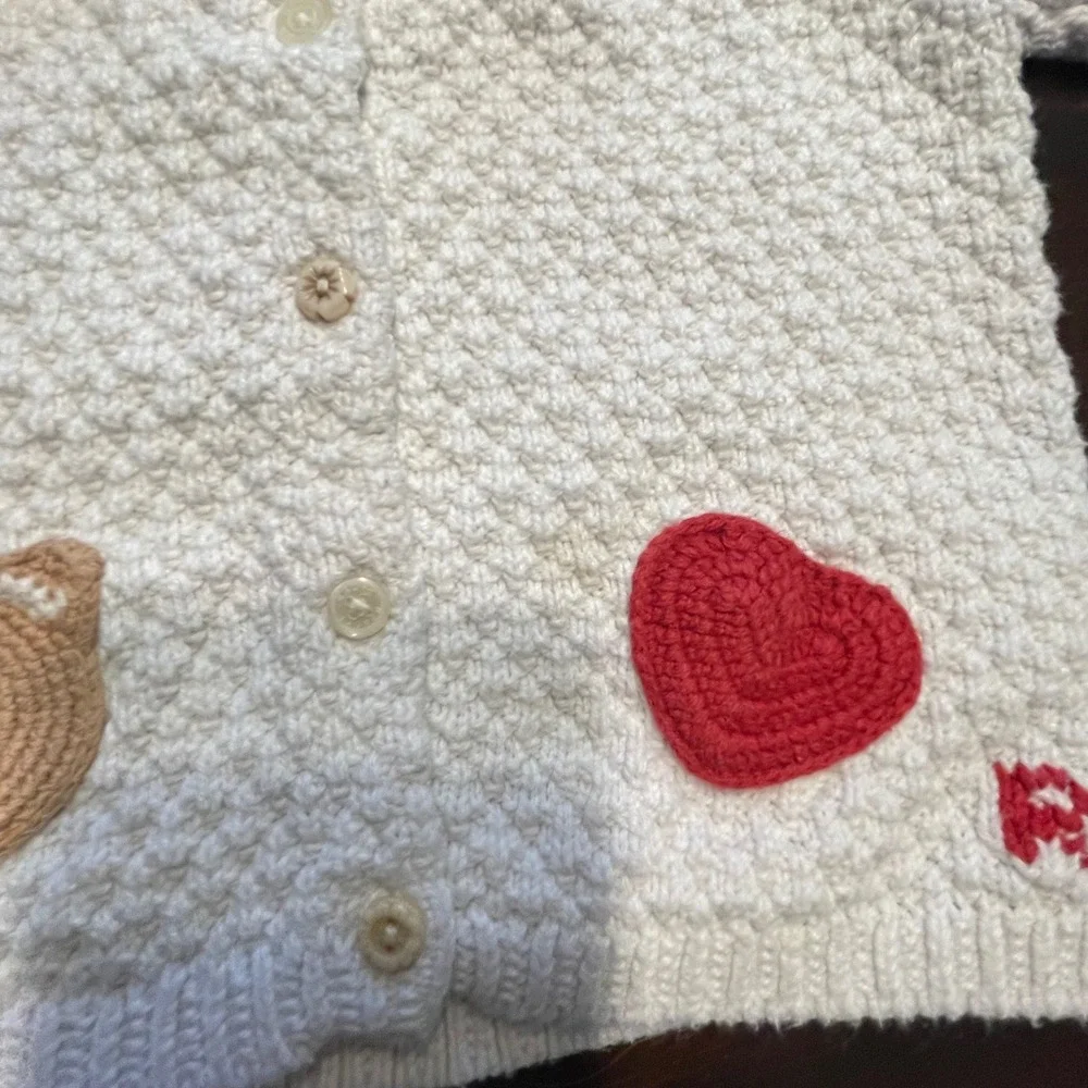 Ralph Lauren Baby Cream Quilted Knit Teddy‎ Bear Heart Hoodie Cardigan 12M